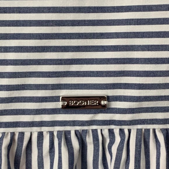 Bogner tunic top Women’s 6 Blue White Stripe Orange Crochet Detail Hidden Button - Picture 6 of 12
